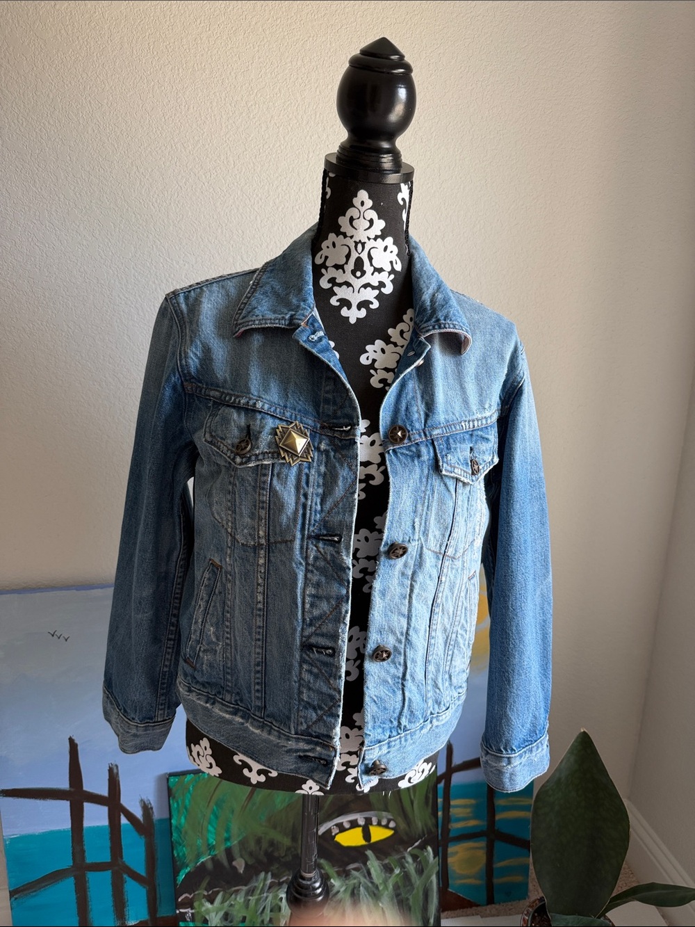 J. Crew Medium Blue Denim Jacket with Gold Star Pin